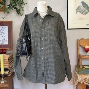 Oversized indie Grunge Wool Blend Houndstooth Button Down Shirt Olive Green L